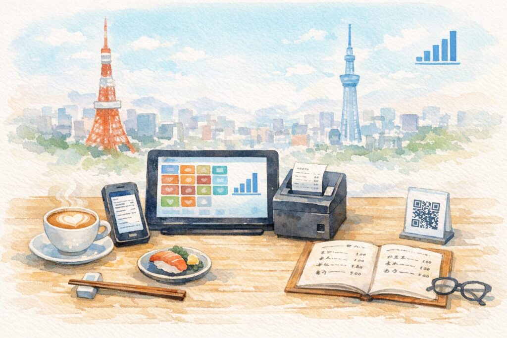 飲食店開業向けPOSレジ3本柱比較のイメージ：タブレットPOSレジ・ ハンディ端末・レシートプリンター・QRオーダー台が並ぶ飲食店カウンター