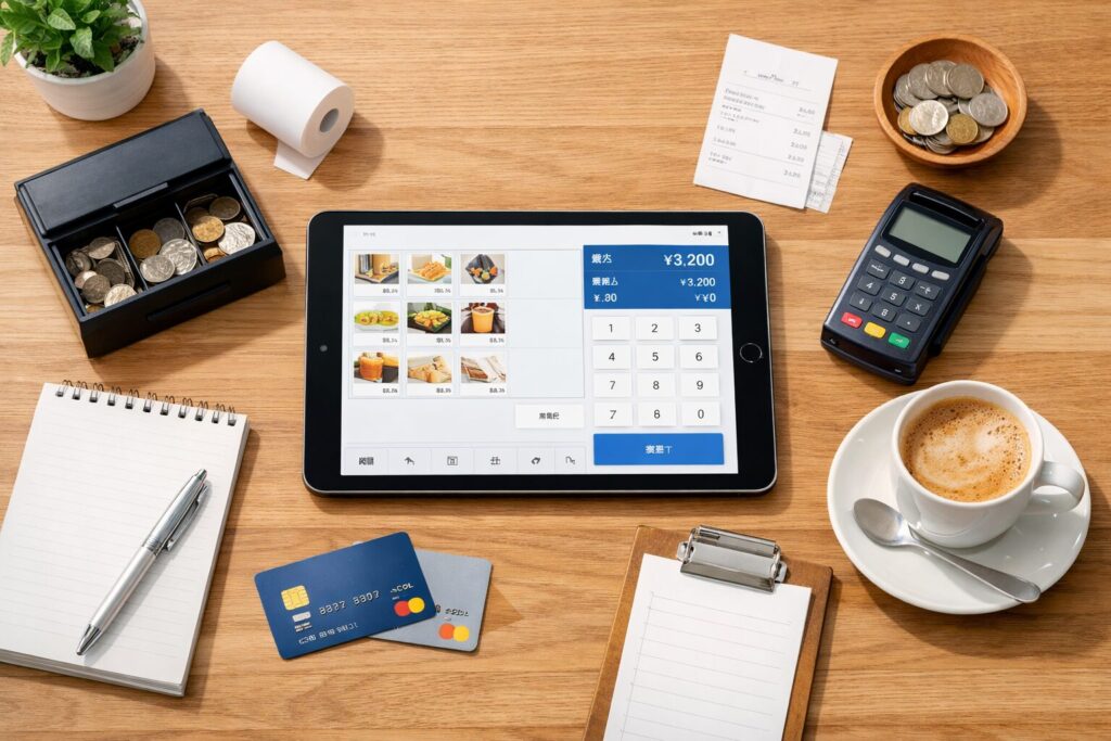 無料POSレジ6社を比較するイメージ｜タブレットのPOSレジアプリと開業準備の小物がカウンターに並ぶフラットレイ写真
