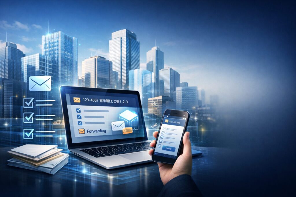 バーチャルオフィス5社比較のイメージ画像。都心のオフィスビル街を背景に、ノートPCで住所サービスを管理する様子