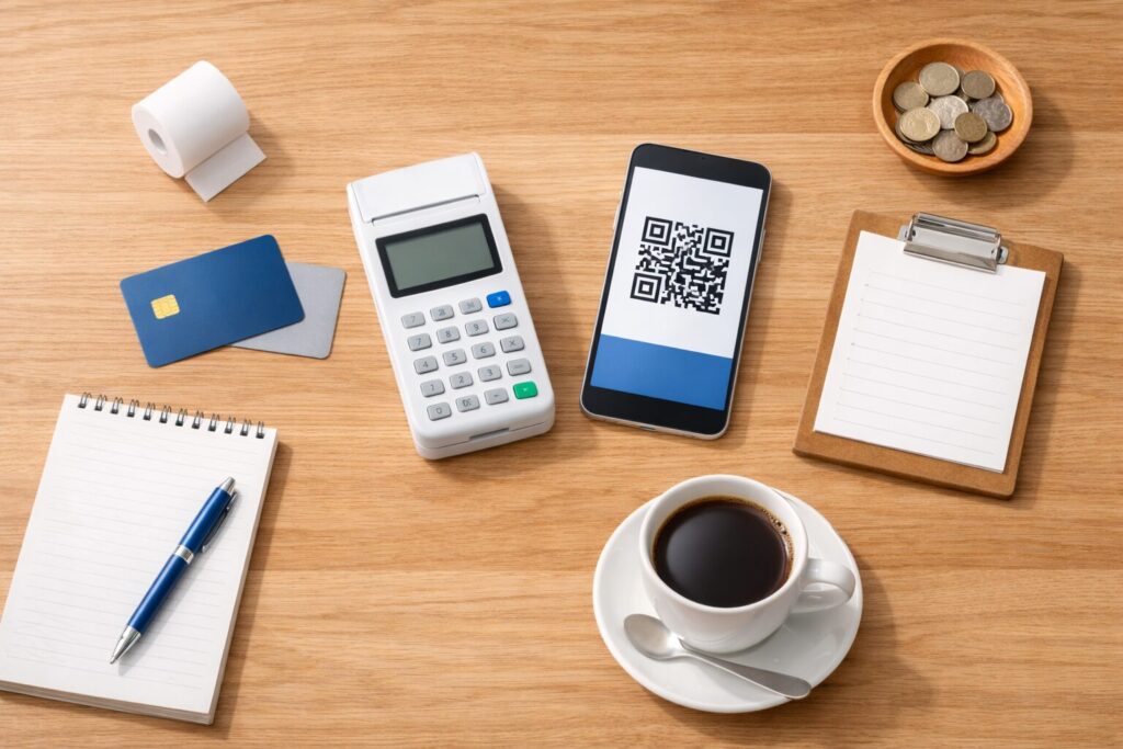 個人店向けキャッシュレス決済端末とクレジットカードがデスクに並ぶフラットレイ写真