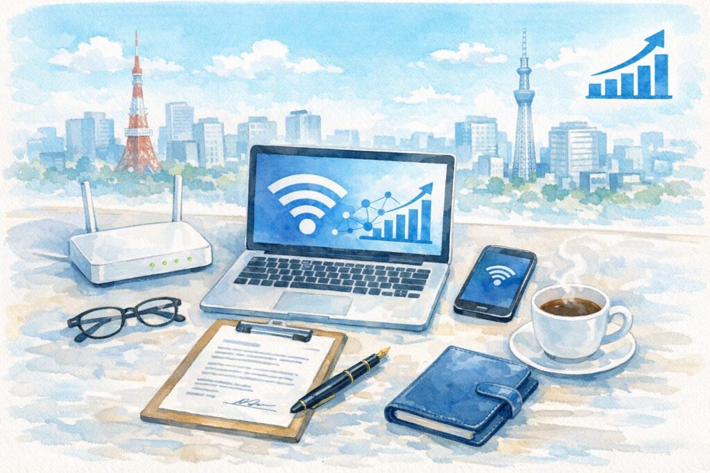 法人向け光回線おすすめ3選のアイキャッチ画像。東京のオフィス街を背景にノートパソコン、Wi-Fiルーター、スマートフォン、契約書類が描かれた水彩イラスト